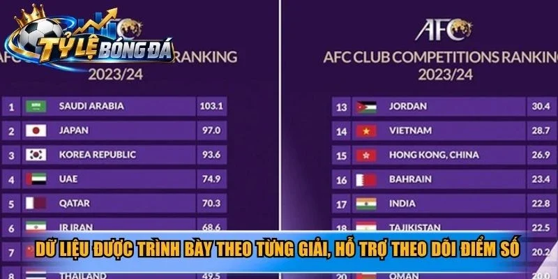 Dữ liệu được trình bày theo từng giải, hỗ trợ theo dõi điểm số
